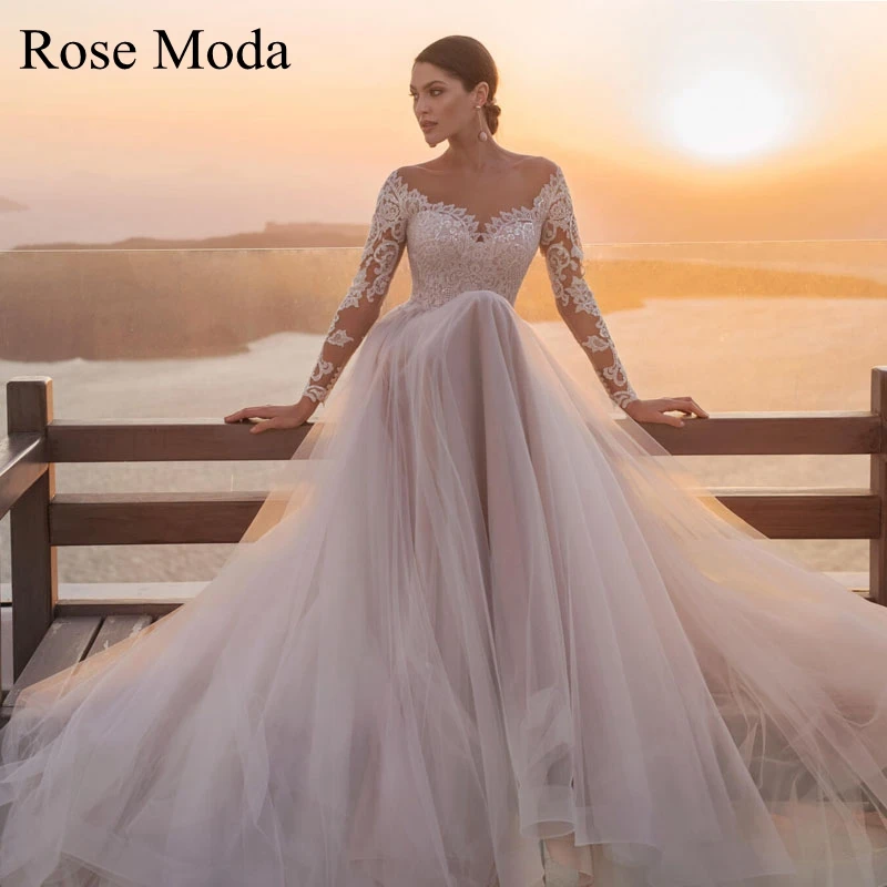 

Rose Moda Long Lace Sleeves Ivory and Blush Pink Destination Wedding Dress Custom Make