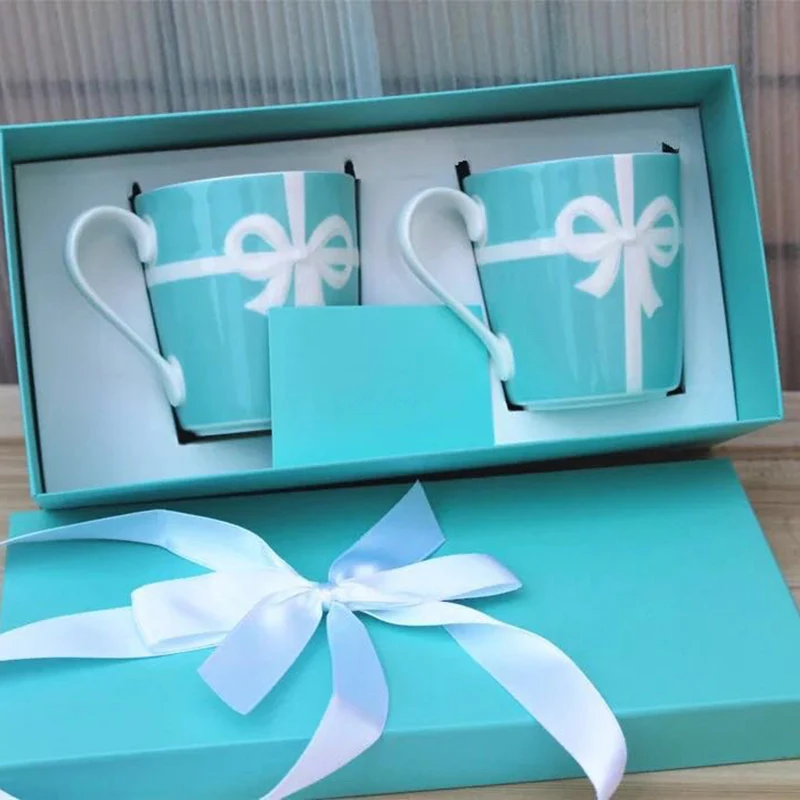 Blue Embossed Rosette Bone China mug and cup  White porcelain coffee mugs Wedding Birthday Present  2PCS SET