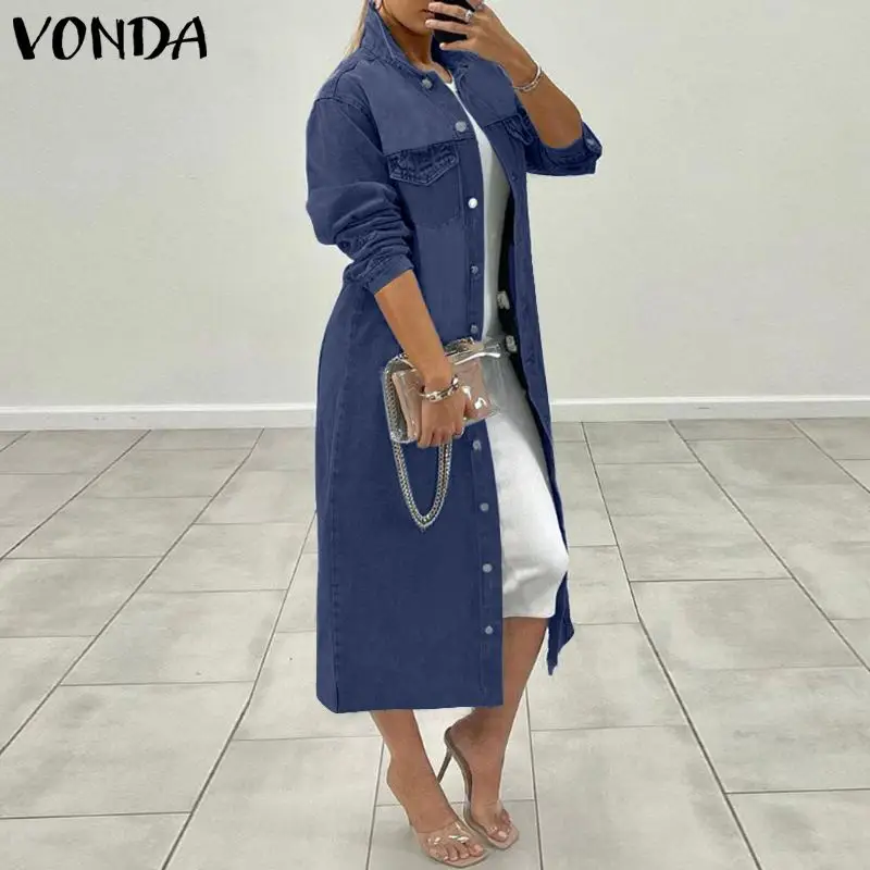 

2021 осенние женские длинные рубашки VONDA, джинсовые блузки, модные повседневные однотонные элегантные блузки с отложным воротником и длинным ...