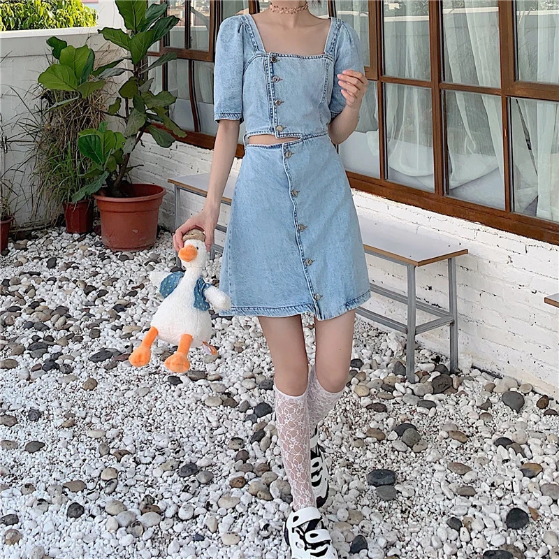 

Denim Skirt New Spring Summer High Waist A-Line Thin Section French Stitching Short-Sleeve Square Collar Thin Dress Women Y353