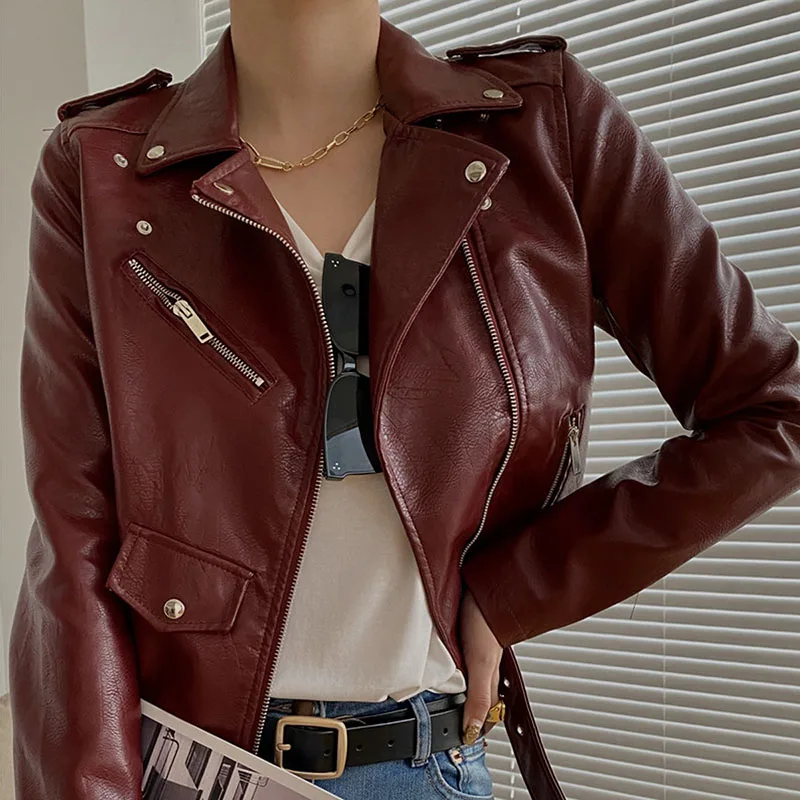 Korean Streetwear Fashion Wine red Short PU Leather Jacket Women  Vintage Slim Long-sleeve Motorcycle Biker Jacket Spring Casual