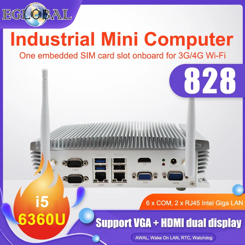 Eglobal 2 * Intel LAN промышленный безвентиляторный мини ПК Windows 10 Core i5 6360u 6COM GPIO VGA HD 4G SIM