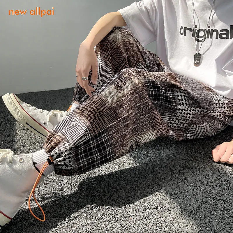 

Men's Trendy Plaid Joggers Pants Black Cotton Comfortable Pant Summer Casual Streetwear Loose Trouser Japanese Retro Sweatpants
