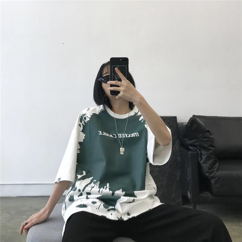 

2020 Summer Couple Half-sleeved T-shirt American Style New Tide For Women Loose Port Style Hip-hop Graffiti Print Short Sleeve