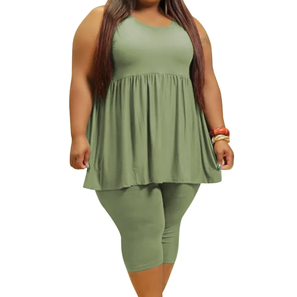 

Summer Plus Size Two Piece Women's Clothing Sexy Sleeveless Fashion Draped Solid Color Casual Loose Short Suit dropshipping