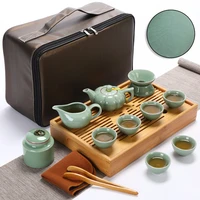 portable travel gong fu tea set teapot 6 cups gaiwan infuser chahai cozies caddies bamboo tray chinese tea ceremony 1set
