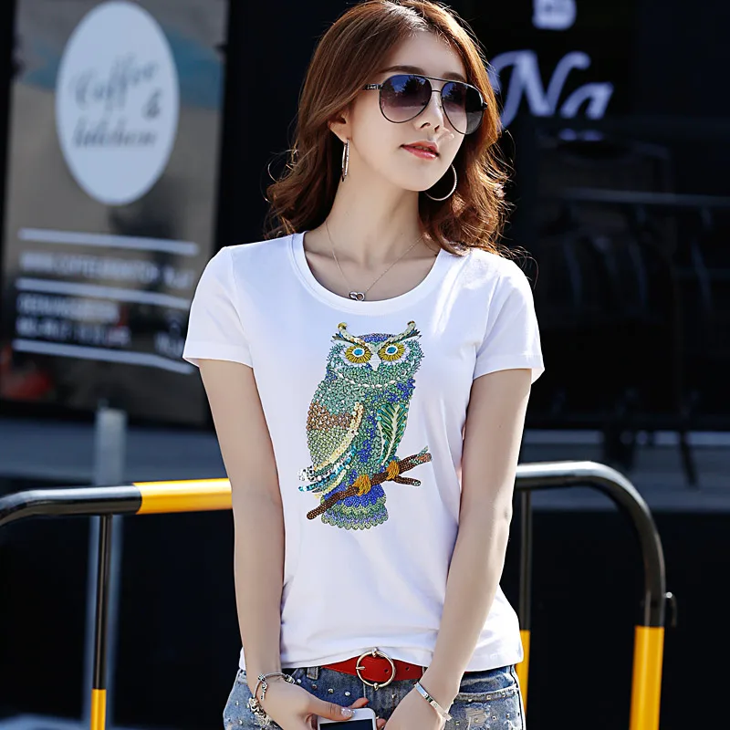 Женские хлопковые футболки с бусинами Стразы блестками и стразами Новинка лета