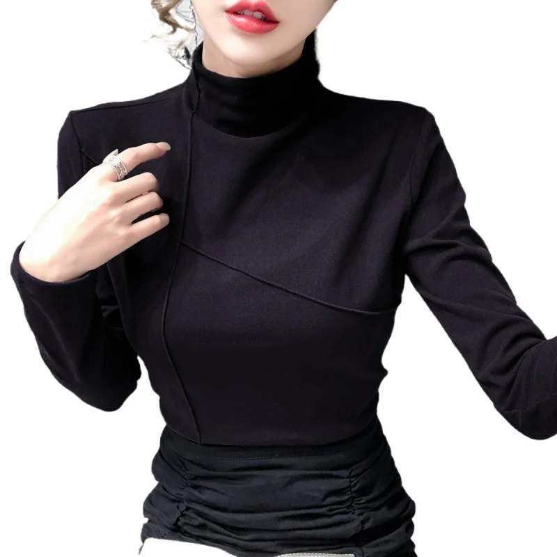 

2021 Women's New bottoming shirt long-sleeved t-shirt half high collar top double-sided velvet thickening heating pullover jeckt