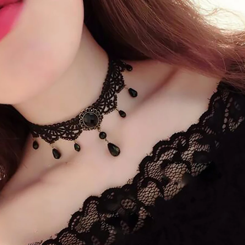 

2020 New Fashion Pretty Woman Black Multi Layer Lace Chains Necklace Lady Exquisite Gothic Stretch Choker Jewelry Girls Necklace
