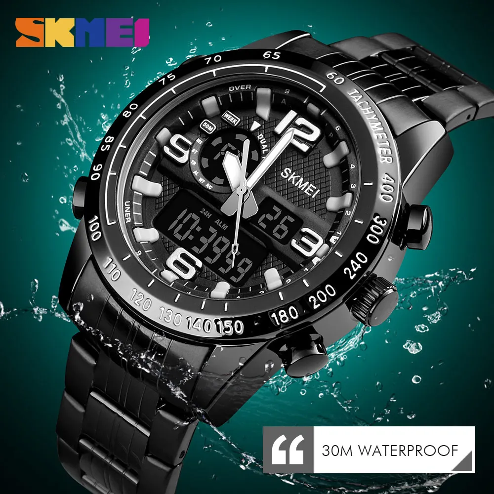

SKMEI Brand Steel Quartz Digital Dual Display Watches Fashion Waterproof Sports Men's Wristwatches Relogio Masculino 1453