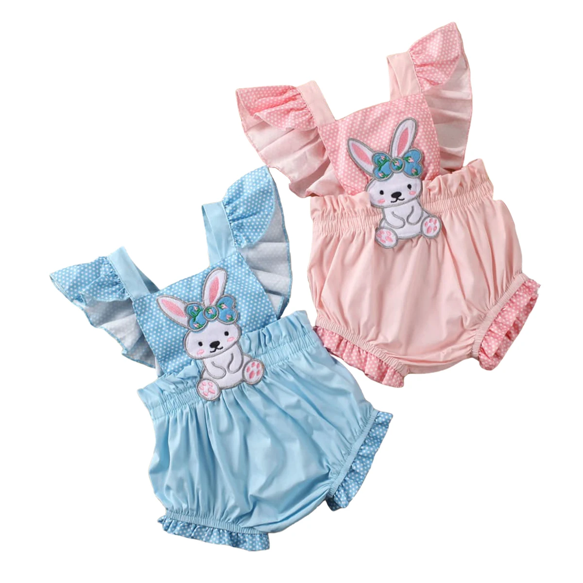 

Infant Kids Girl 0-18M Rabbit Embroidery Romper Flying Sleeve Jumpsuit Ruffled Polka Dots Romper