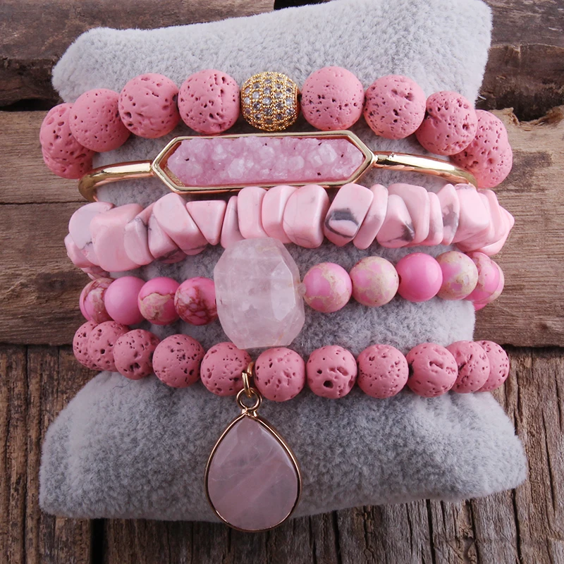 RH Fashion Boho Jewelry Lava Stone 5pc Bracelets Sets For Women Bohemian Gift DropShip