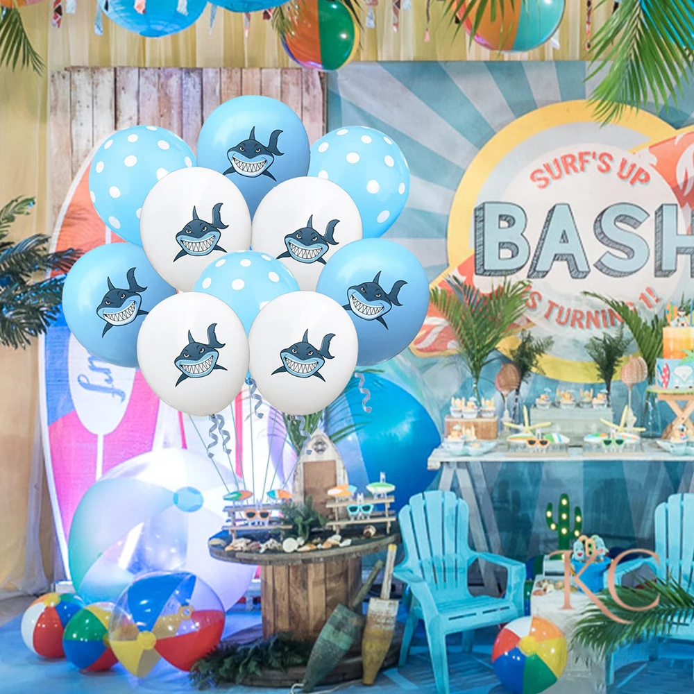 Мультяшный латексный шар с акулой для темативечерние синие и белые волнистые