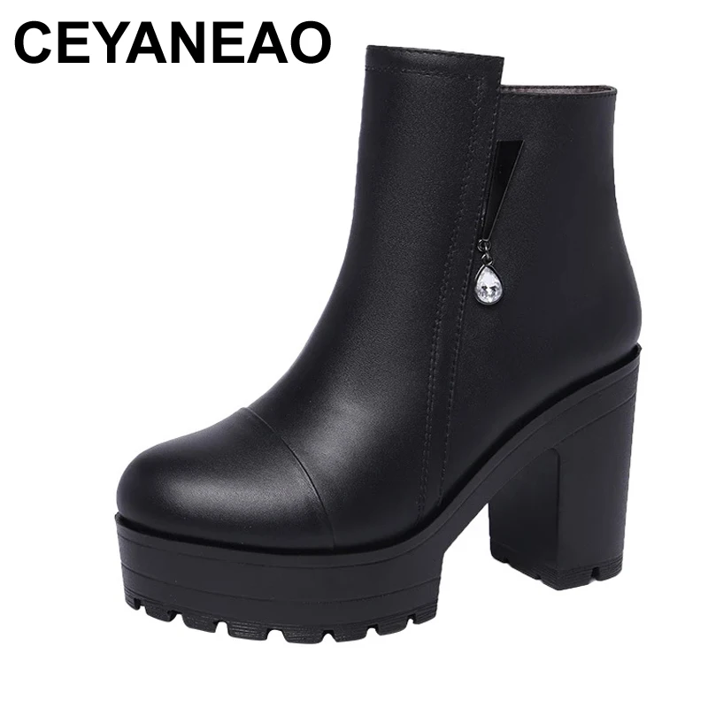 CEYANEAOQuality короткие женские ботильоны на блочном каблуке 2021 зимние ботинки