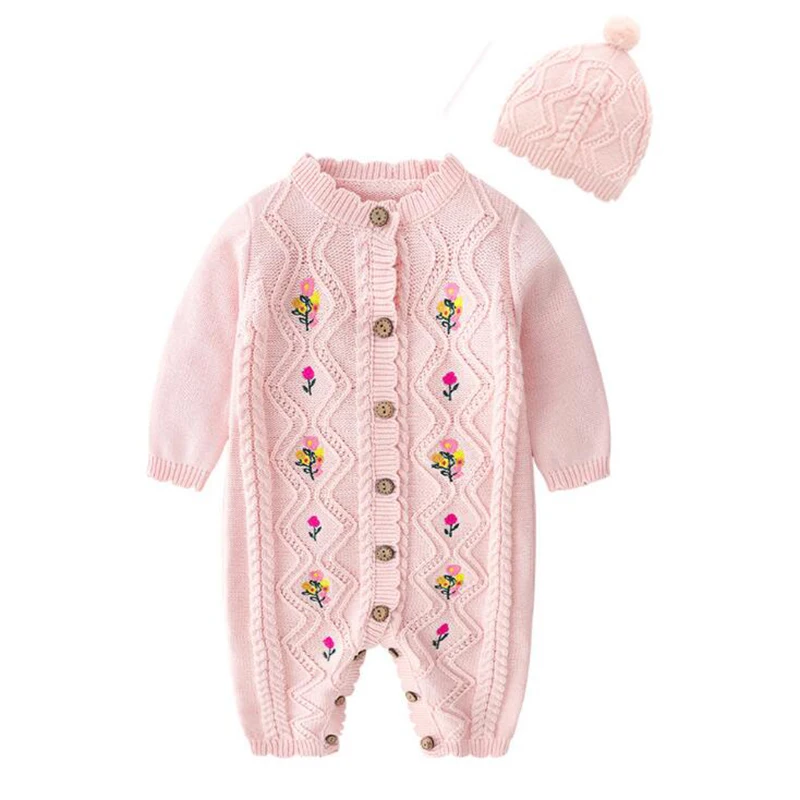 

New Spring Autumn Newborn Infant Baby Girls Knit Embroider Rompers Clothing + Hat Kids Girl Long Sleeve Rompers Clothes