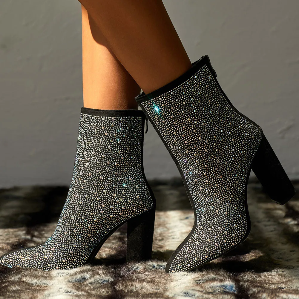 

RIBETRINI Ins Fashion Street Party Rhinestone Shoes Women High Heels Shining Ankle Boots Unique Dress Crystal Boots
