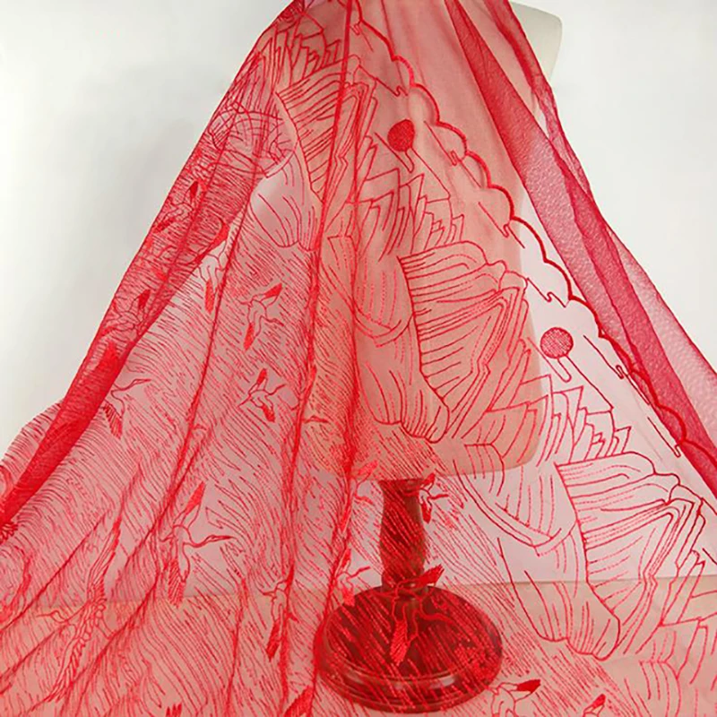 

zsbszc New fairyism voile embroidery polyester lotus flower flying pigeon pattern transparent lace wedding dress fabric MF23