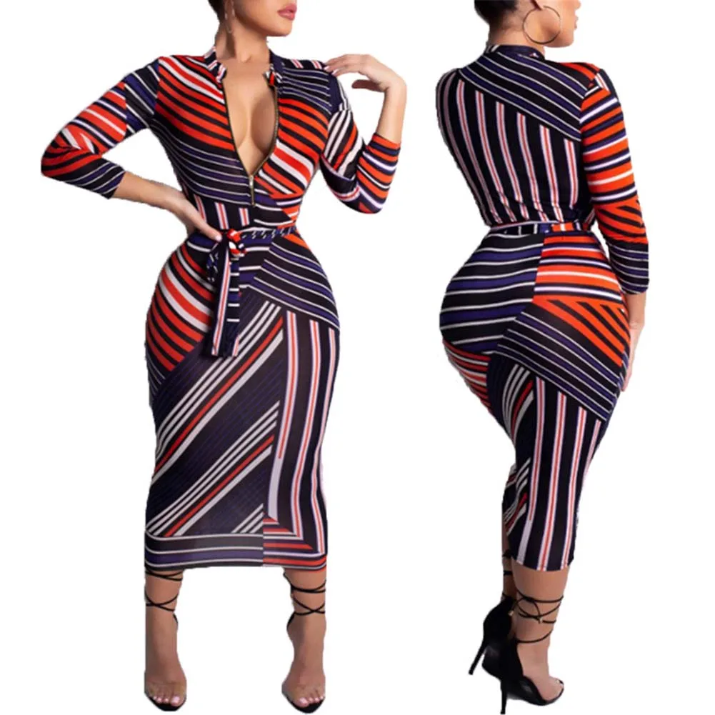 2019 Autumn African Bodycon Dress For Women Dashiki stripe Print Zip Sexy V neck Plus Size Elastic Ankara Slim Clothing | Тематическая