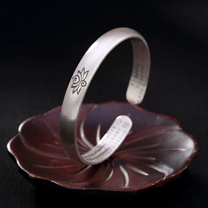 

Elegant Lotus Bangles for Women Heart Sutra Open Bangles Solid 99.9% Pure Silver Frosted Buddhism Bracelets Heart Sutra