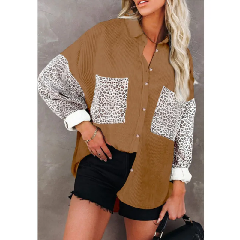 

Женский вельветовый топ с леопардовым принтом, свободный однобортный Топ с длинным рукавом, осень 2021