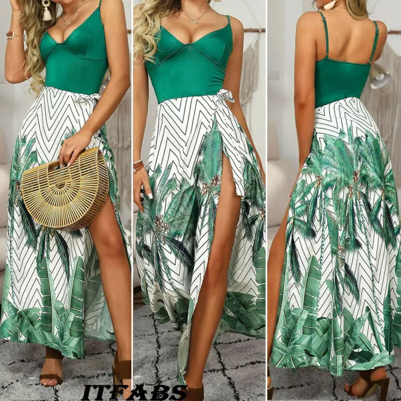 Женское длинное платье в стиле бохо с цветочным принтом летнее зеленое свободное