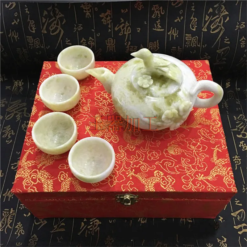Китай ручная работа Нефритовая резьба натуральный нефрит кунгфу чайники и миски
