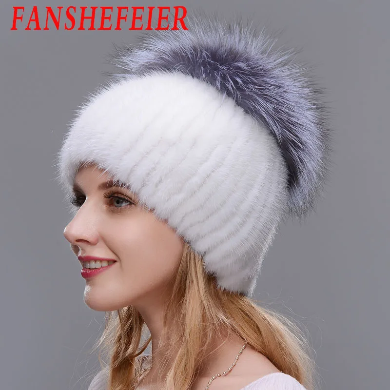 FANSHEFEIER женская меховая шапка зимняя натуральная норковая шапка с меховым помпоном из серебра лисы вязаные шапочки шапка новая распродажа меховые шапки