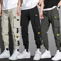 2021 mens harem pants side pockets cargo ribbons black hip hop casual male joggers trousers fashion casual streetwear