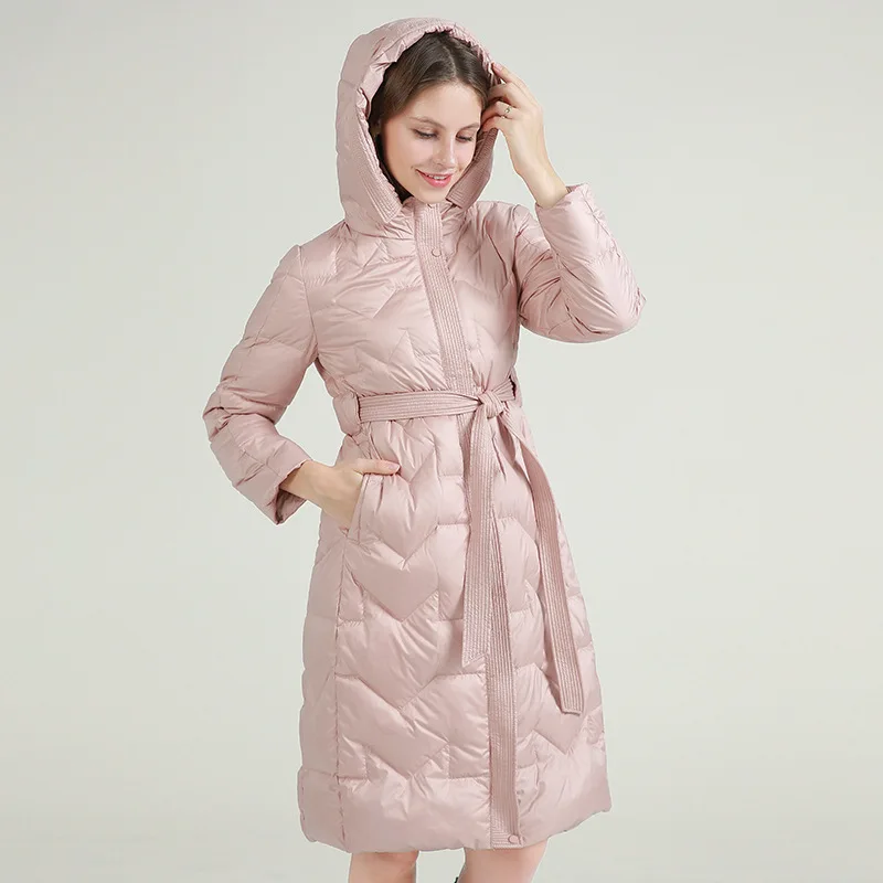 Women's down jacket long loose 2021 New version hooded waist lacing 90% white duck down fashionable High qualitywarm coat
