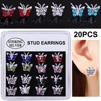 20pcsbox cute butterfly 925 sterling silver earrings color mixing crystal stud earrings for women fashion rhinestone jewelry