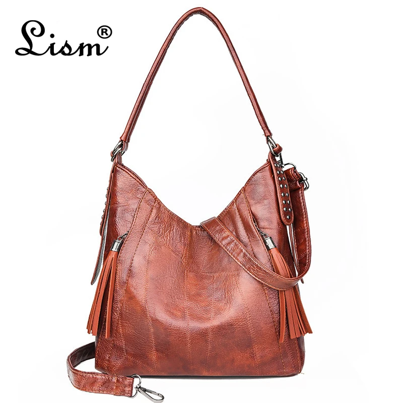 Женские кожаные сумки высококачественные женские через плечо с кисточками и