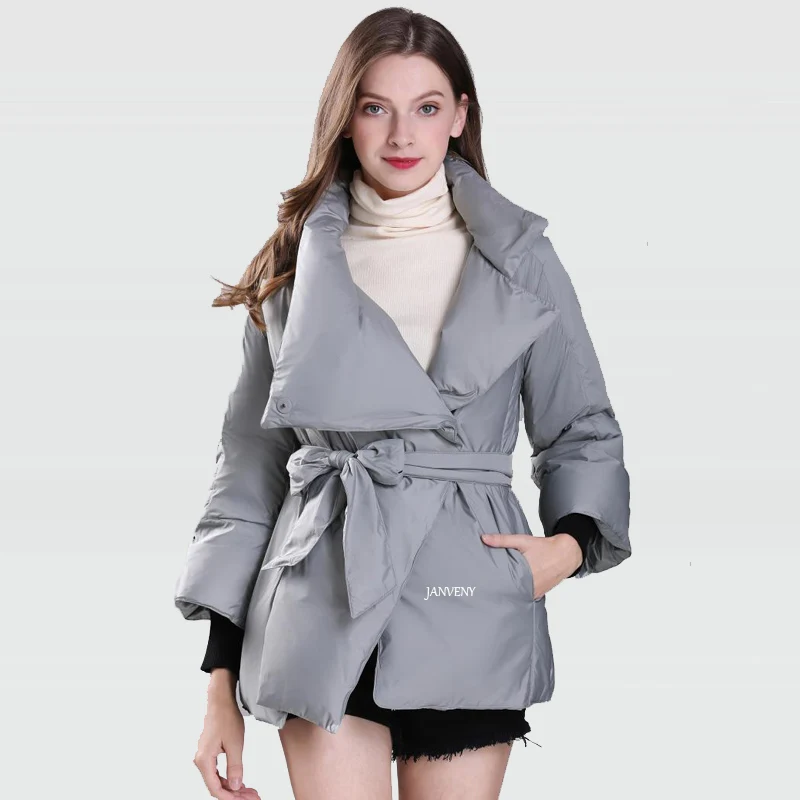 

2021 New Fashion Big Lapel Irregular Duck Down Jacket Women Three Quarter Sleeve Sashes Temperament Loose Puffer Bread Coats