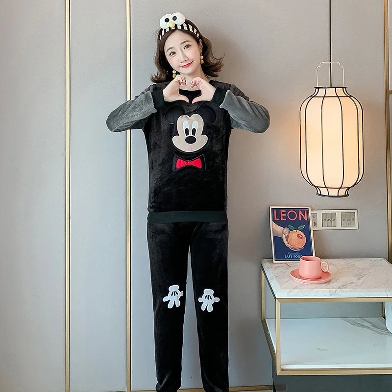 Женская Фланелевая пижама с Микки и Минни теплый пуловер длинным рукавом штаны