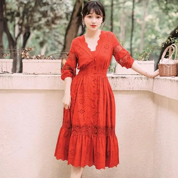 Элегантное красное платье в богемном стиле с вышивкой v-образный ворот 3/4 Фонари
