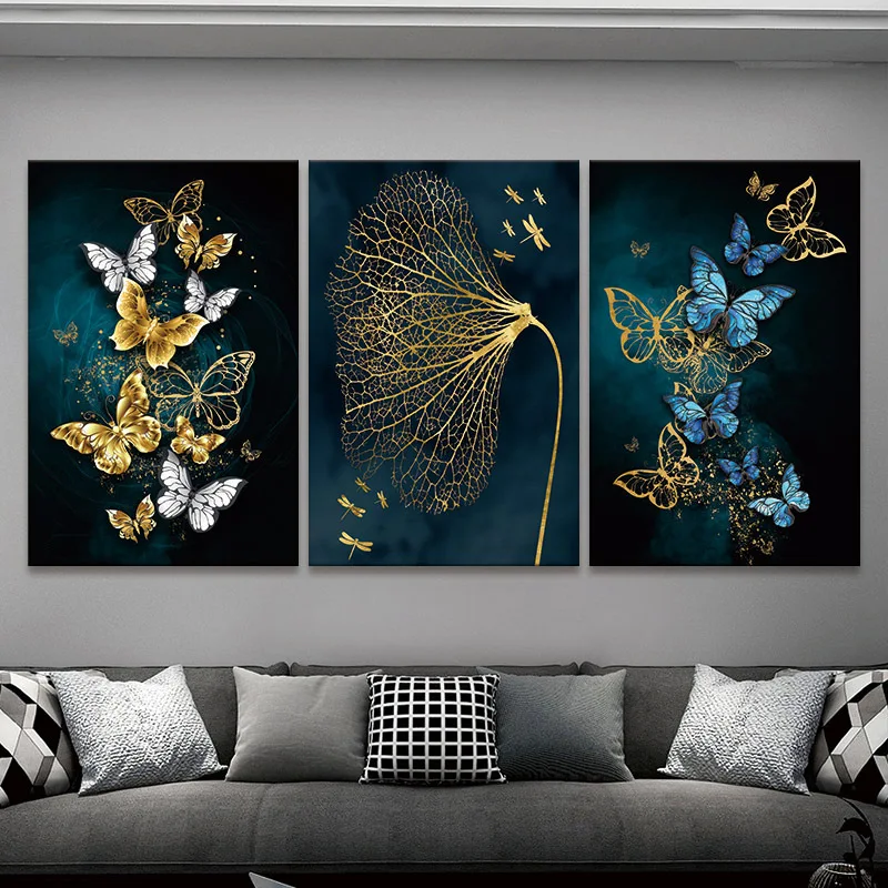 

Golden Blue Butterfly Decorative Painting Nordic Light Luxury Leaves Abstract Posters Paints Living Room Home Canvas Decor Photo