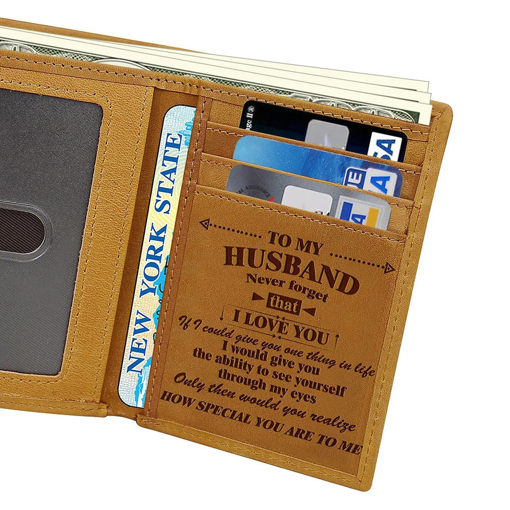 Engraved Trifold Wallet Gift To My Son/Man/Husband First Grain Cowhide Leather Wallet Durable for Men DSA1