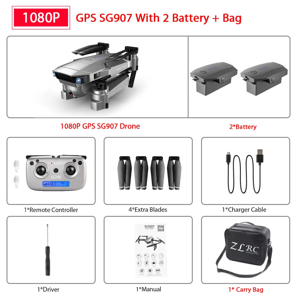SG907 1080P 2B Bag ZWN SG907 SG901 gps Радиоуправляемый квадрокоптер с Wifi FPV 1080P 4K HD Двойная камера оптический поток Дрон следуй за мной мини Дрон VS SG106 E502S - Цвет: SG907 1080P 2B Bag