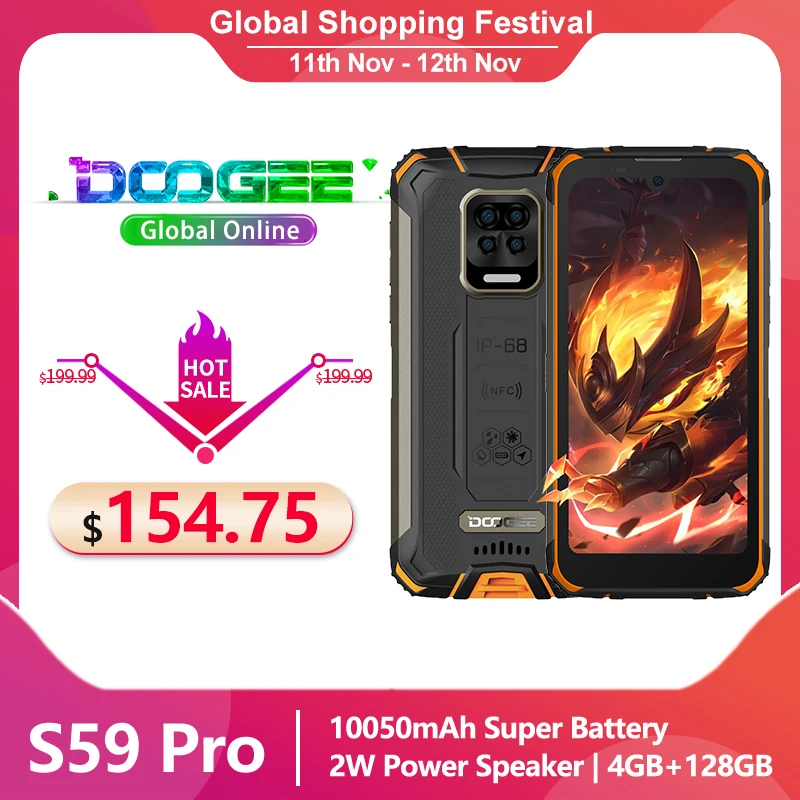 

Doogee S59 Pro Rugged Mobile Phone 10050mAh Super Battery 4GB+128GB 5.71'' Android10.0 Global frequency bands Mobile Phone