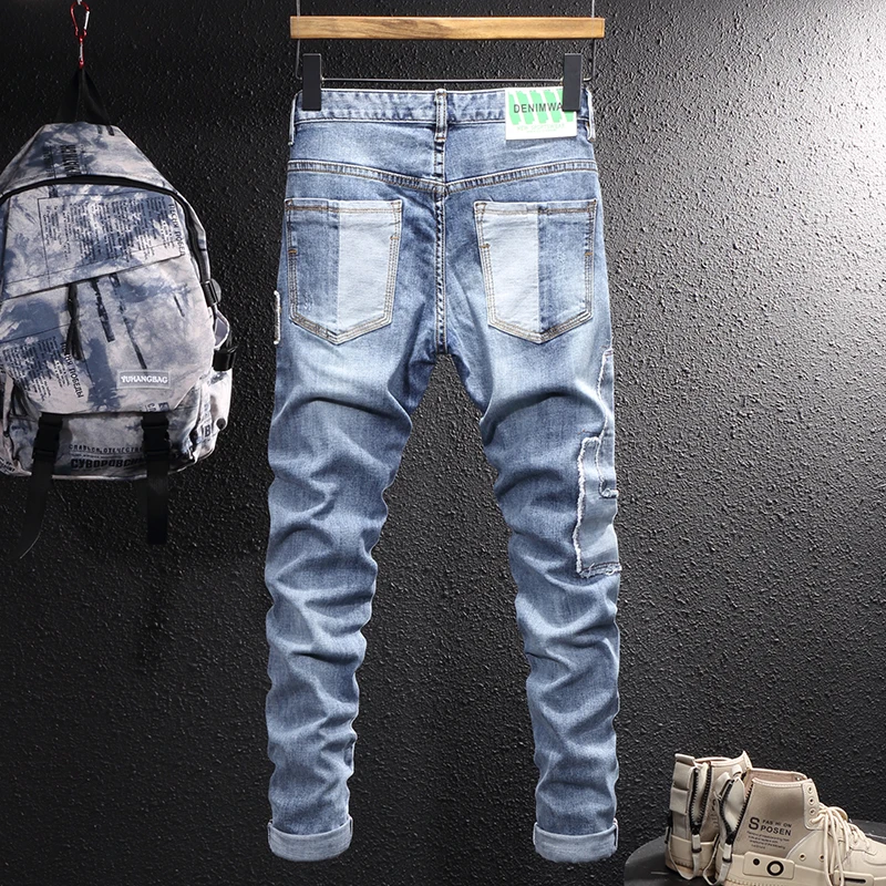American Street Style Fashion Men Jeans Retro Light Blue Elastic Slim Fit Ripped Jeans Men Patches Designer Hip Hop Denim Pants