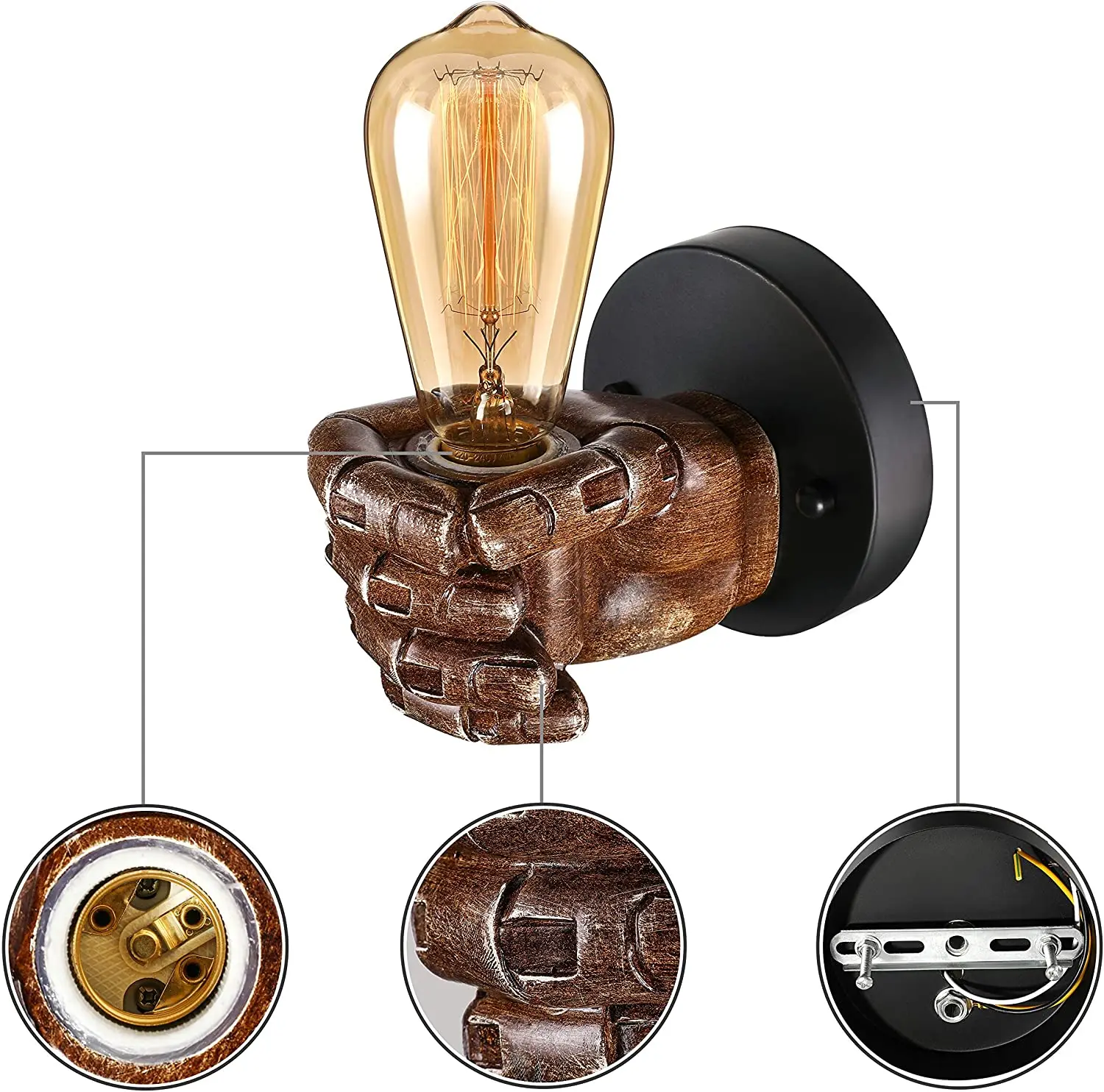 

Gehore Vintage Creative Wall Sconce Industrial Hand Shaped Wall Light Bulb Socket for Bedroom Kitchen Restaurant Cafe Bar