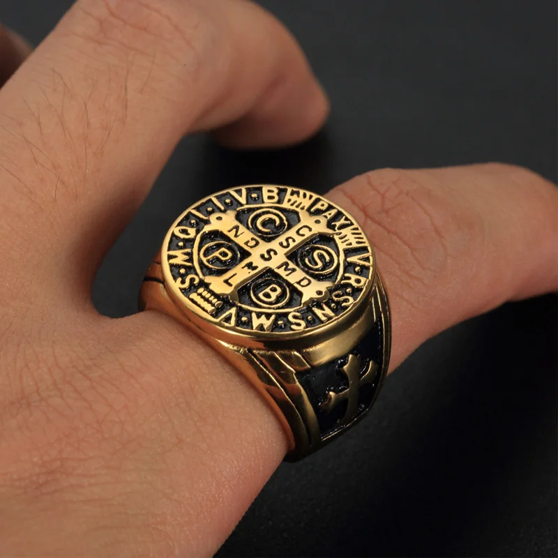 

Christianity Jesus Exorcism Cross Ring Black Gold Silver Color Stainless Steel CSPB CSSML NDSMD Saint Benedict of Nursia Ring