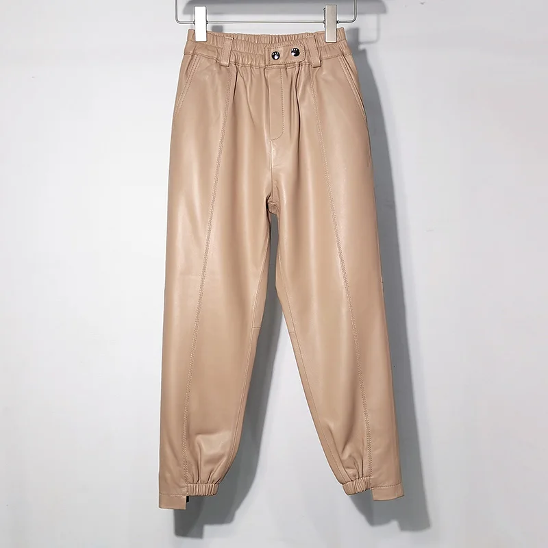 Real Leather Pants Great quality Elastic Waist Genuine Sheep Leather Pants Female Was Thin Soft Leather Pants With Pockets wy283