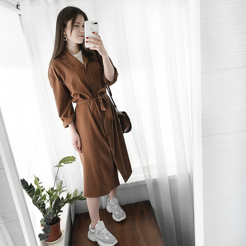 

2021 Spring Autumn New Fashion Female Batwing Sleeve Vintage Solid Shirt Utility Dress Women Casual Loose Wrap Dress Oversize