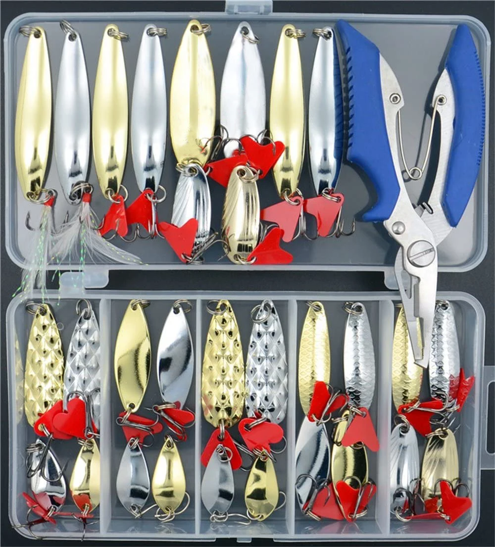 

Fishing Lures Hard Spoon Metal Pike Lure Hard Bait 32 Pcs Set Saltwater Fishing Plier Metal Jig Treble Hooks Tackle Wobblers Kit