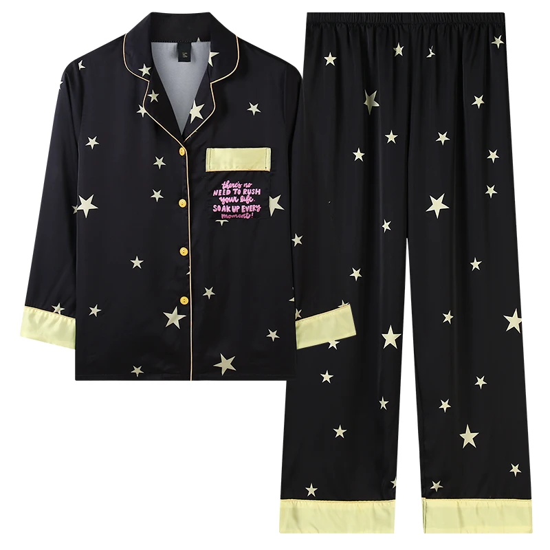 

Black Satin Women Pijama Sexy Nightwear Fashion Sleepwear Stars Printing Luxury Satin Silk Spring Autumn Women's Pajama Set New