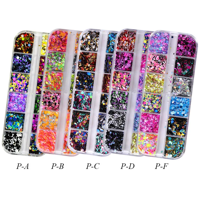 1 Набор 12 Маникюр для ногтей сетка Блестки Круглый цвет красочные хлопья