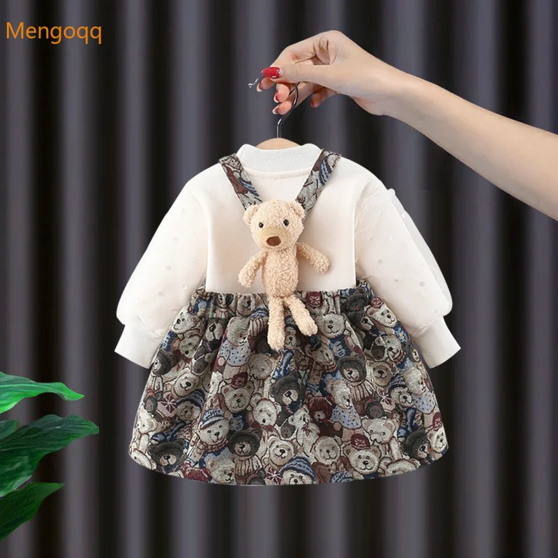 

Kids Baby Girls Autumn Full Sleeve Solid Top Shirts Cartoon Print Strap Dress 3D Bear Toddler Children Clothes Set 0-3Y