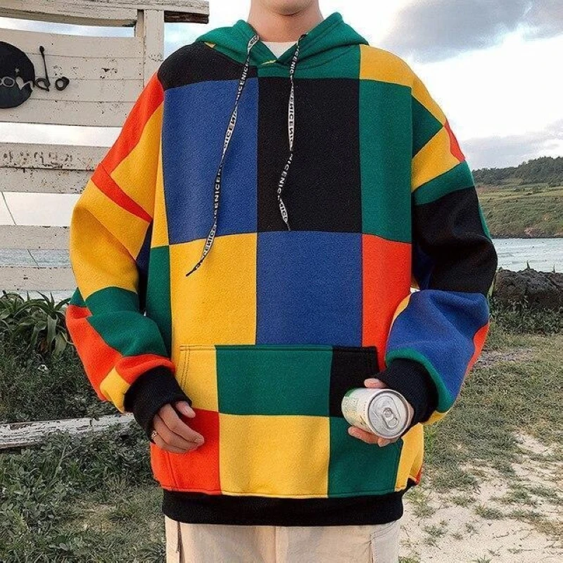 

Rainbow Plaid Hoodie Sweatshirt Colorblock Hoodie Unisex Pullover Fasion Creativity Sweatshirt