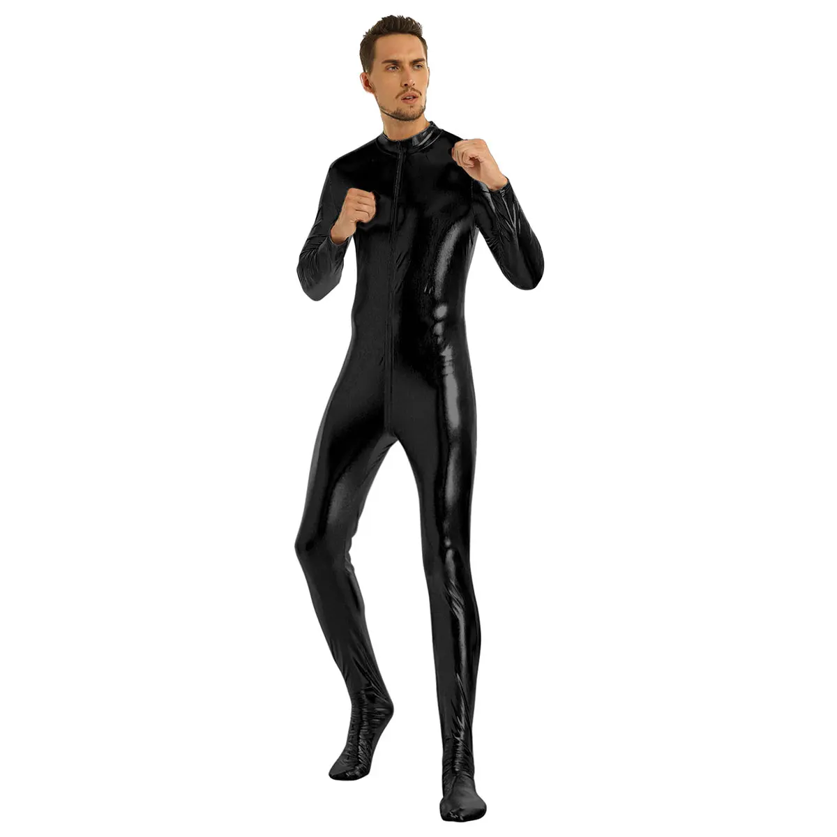 iiniim Mens Body Sexy Teddies Shiny Metallic Club Bodystocking Closed Toe Stretchy Full Body Leotard Bodysuit Clubwear Costumes