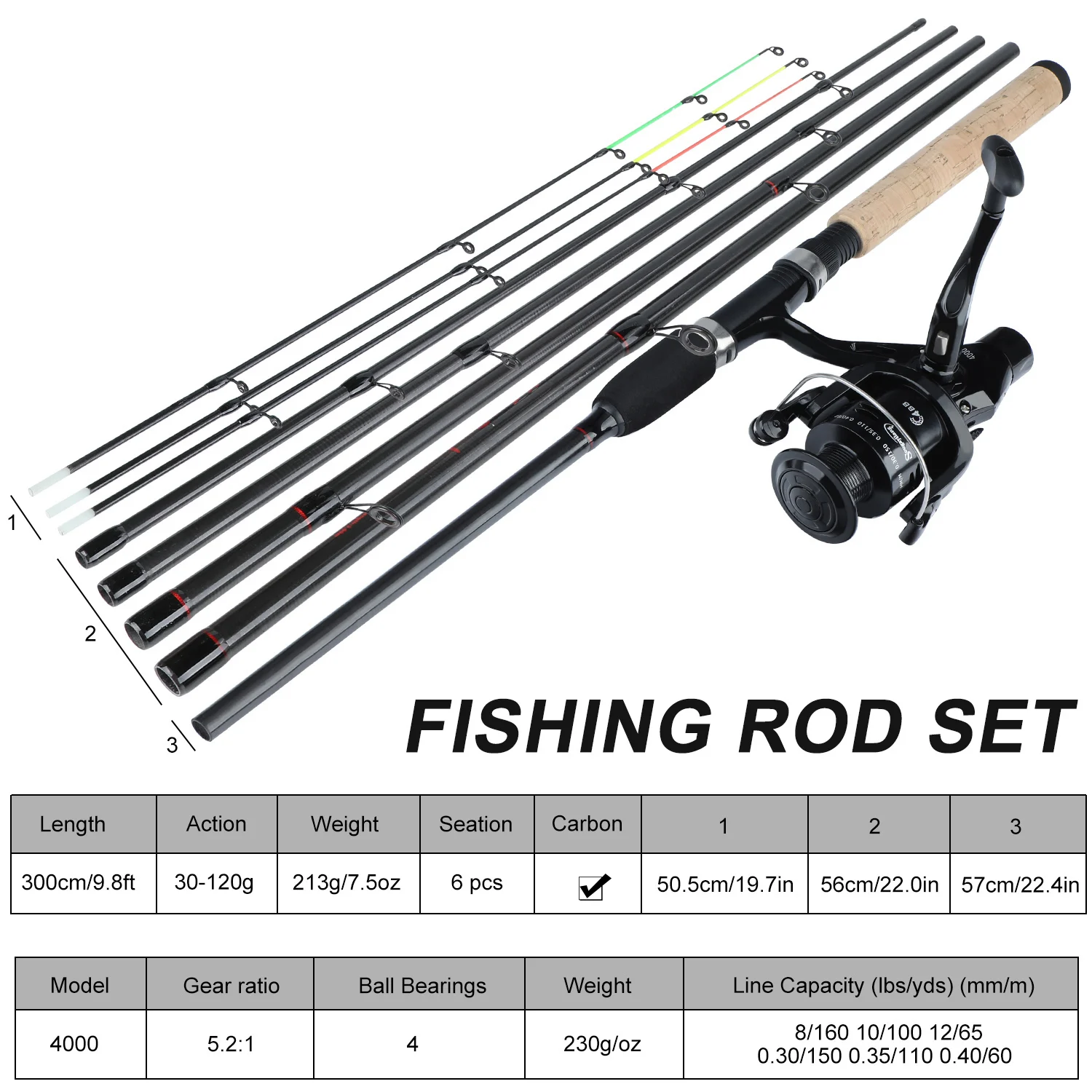 Sougayilang Fishing Combo Portable 6 Section 3M Carbon Fiber Spinning Feeder Rod and 4BB Carp Reel Set | Спорт и развлечения